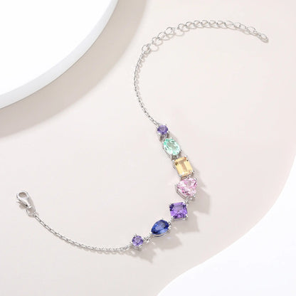 Multicolor Gemstone Bracelet, 925 Sterling Silver Multi-Shape Rainbow Link Chain
