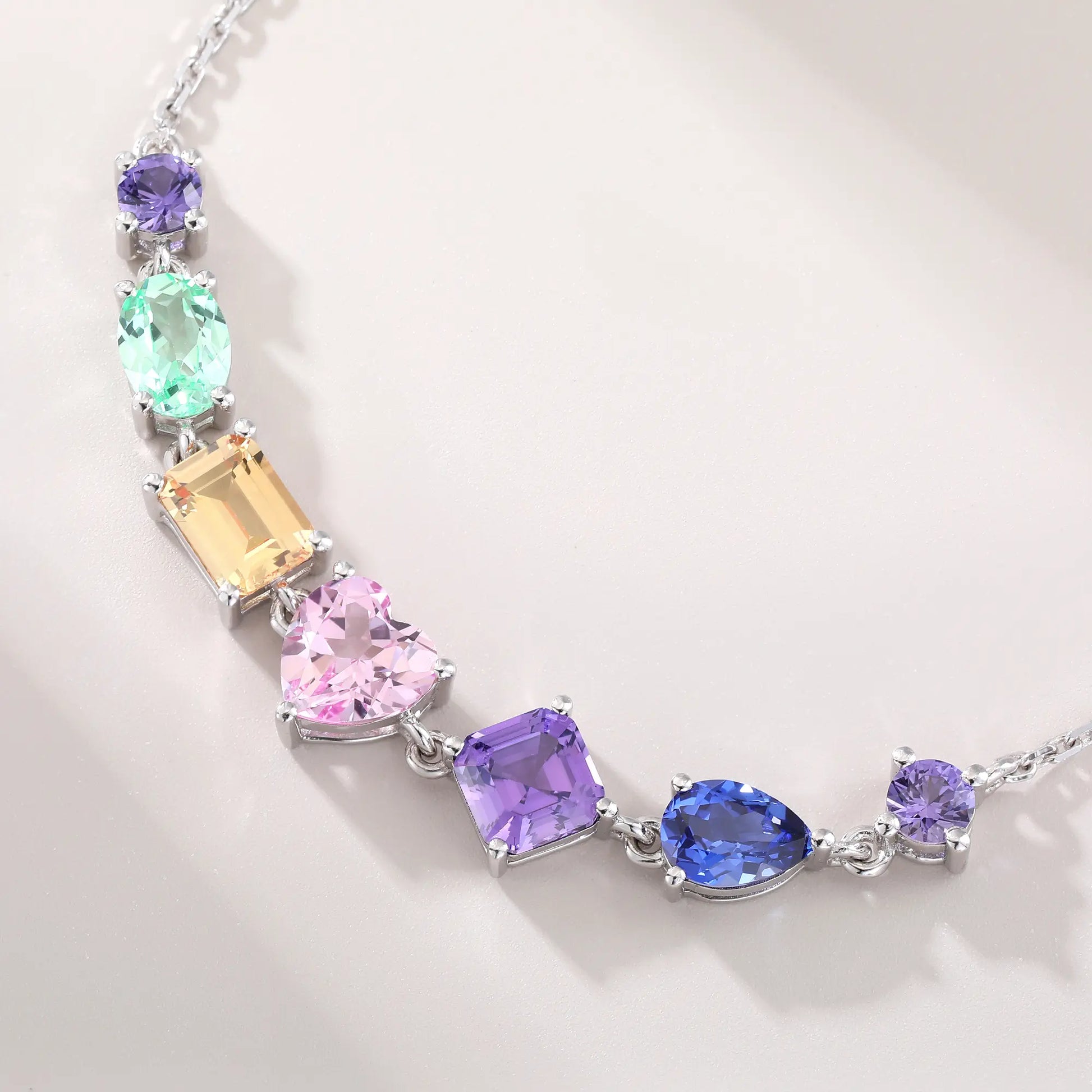 Multicolor Gemstone Bracelet, 925 Sterling Silver Multi-Shape Rainbow Link Chain