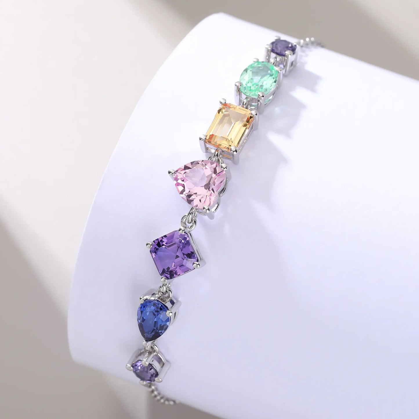 Multicolor Gemstone Bracelet, 925 Sterling Silver Multi-Shape Rainbow Link Chain