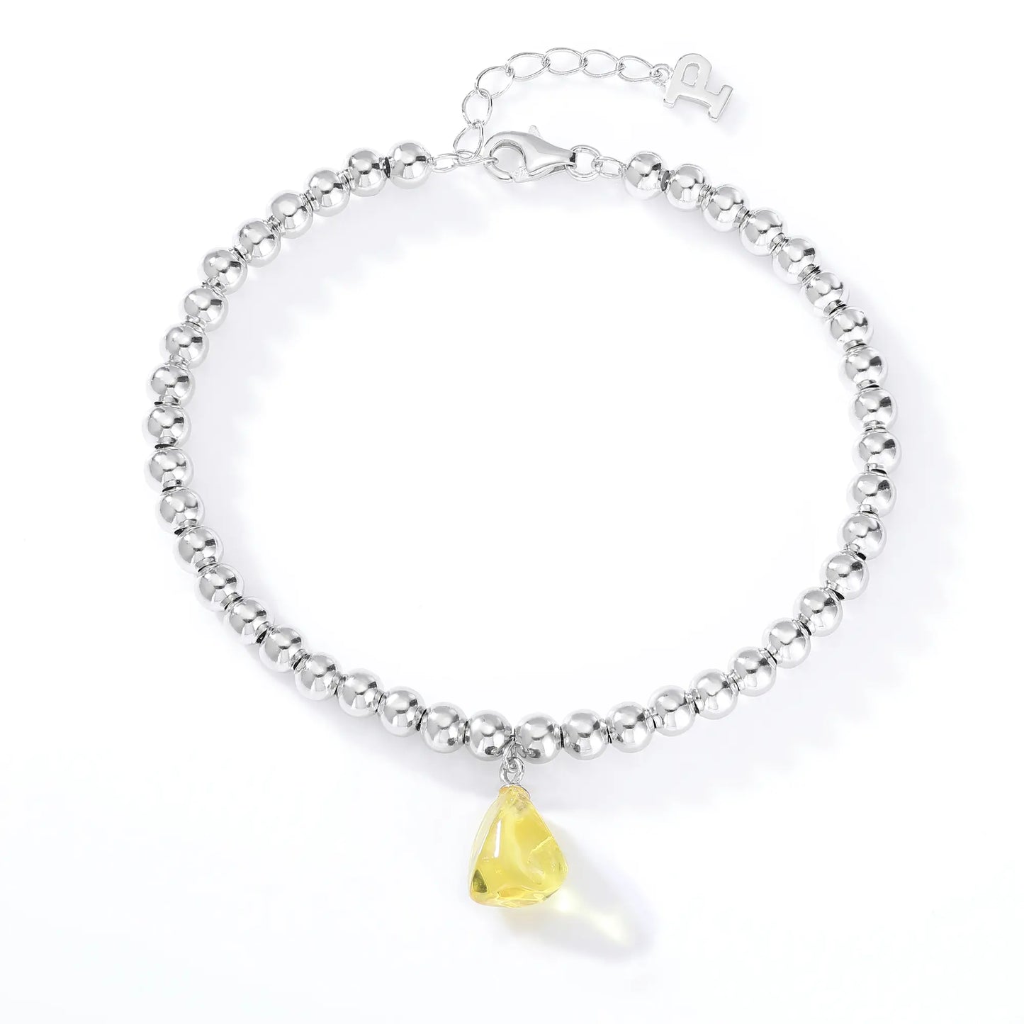 Sterling Silver Bead Ball Chain Bracelet with Irregular Gemstone Charm