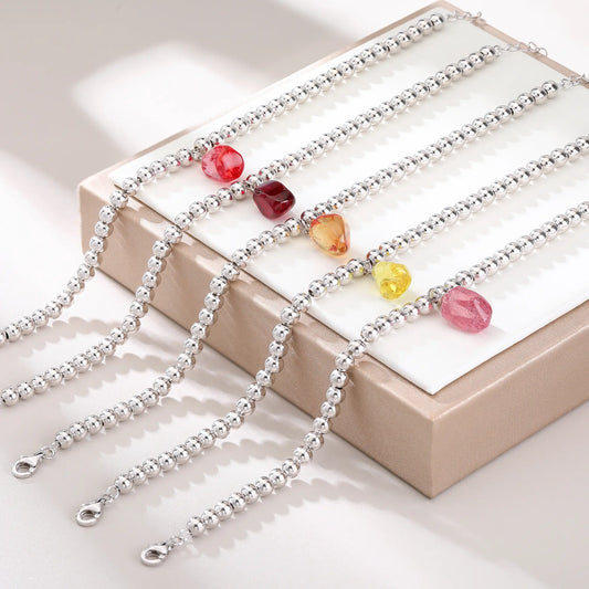 Sterling Silver Bead Ball Chain Bracelet, Silver Beaded Bracelet with Heart Charm Style