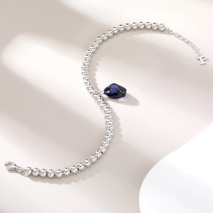 Sterling Silver Bead Ball Chain Bracelet, Silver Beaded Bracelet with Heart Charm Style