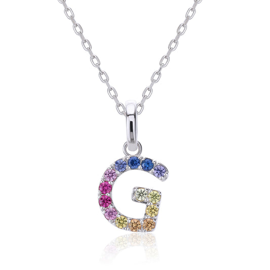 Vibrant lab-grown sapphire "G" pendant | Sterling silver initial necklace