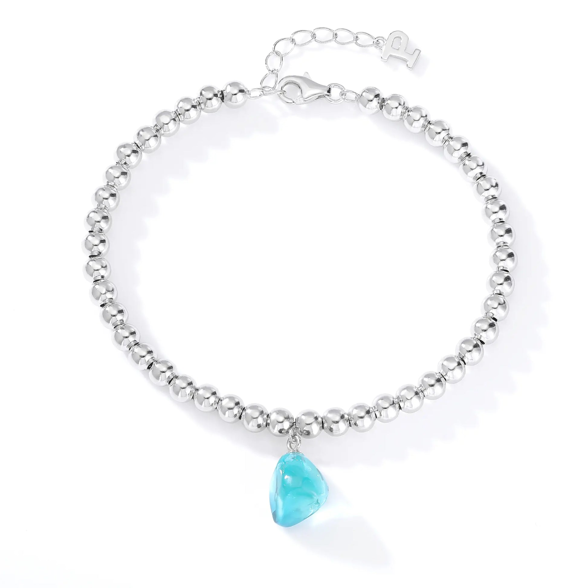 Sterling Silver Bead Ball Chain Bracelet, Silver Beaded Bracelet with Heart Charm Style
