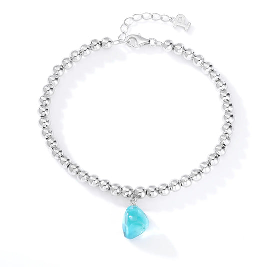 Sterling Silver Bead Ball Chain Bracelet, Silver Beaded Bracelet with Heart Charm Style