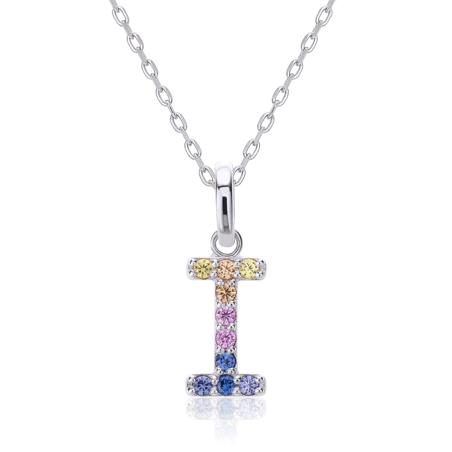 Vibrant lab-grown sapphire "I" pendant | Sterling silver initial necklace
