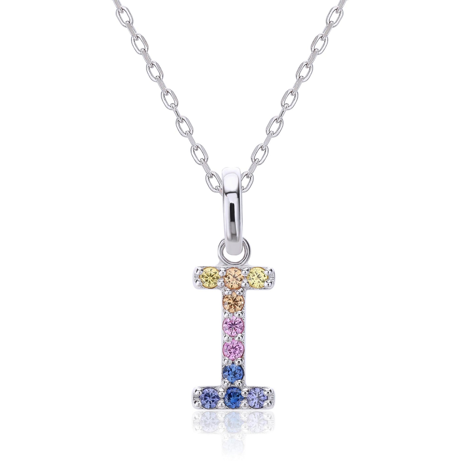 Vibrant lab-grown sapphire "I" pendant | Sterling silver initial necklace